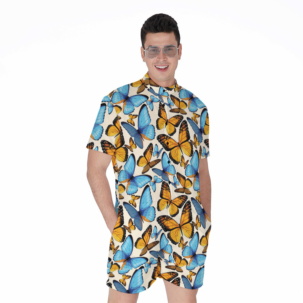 Turquoise And Orange Butterfly Print Men's Rompers