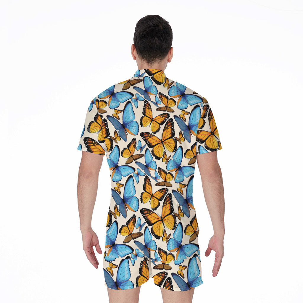 Turquoise And Orange Butterfly Print Men's Rompers
