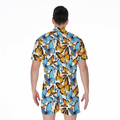 Turquoise And Orange Butterfly Print Men's Rompers
