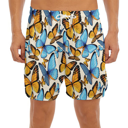 Turquoise And Orange Butterfly Print Men's Split Running Shorts
