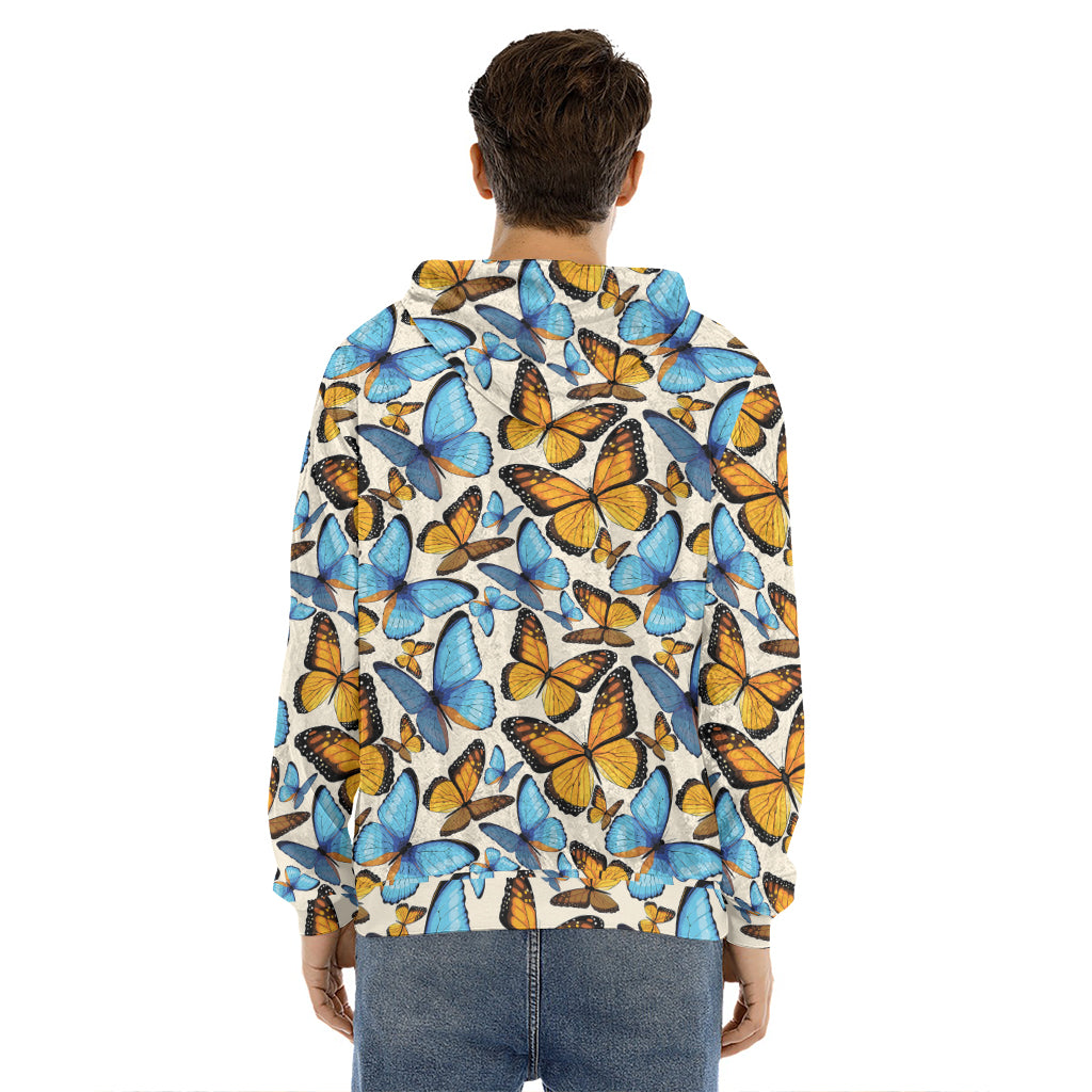 Turquoise And Orange Butterfly Print Men's Velvet Pullover Hoodie