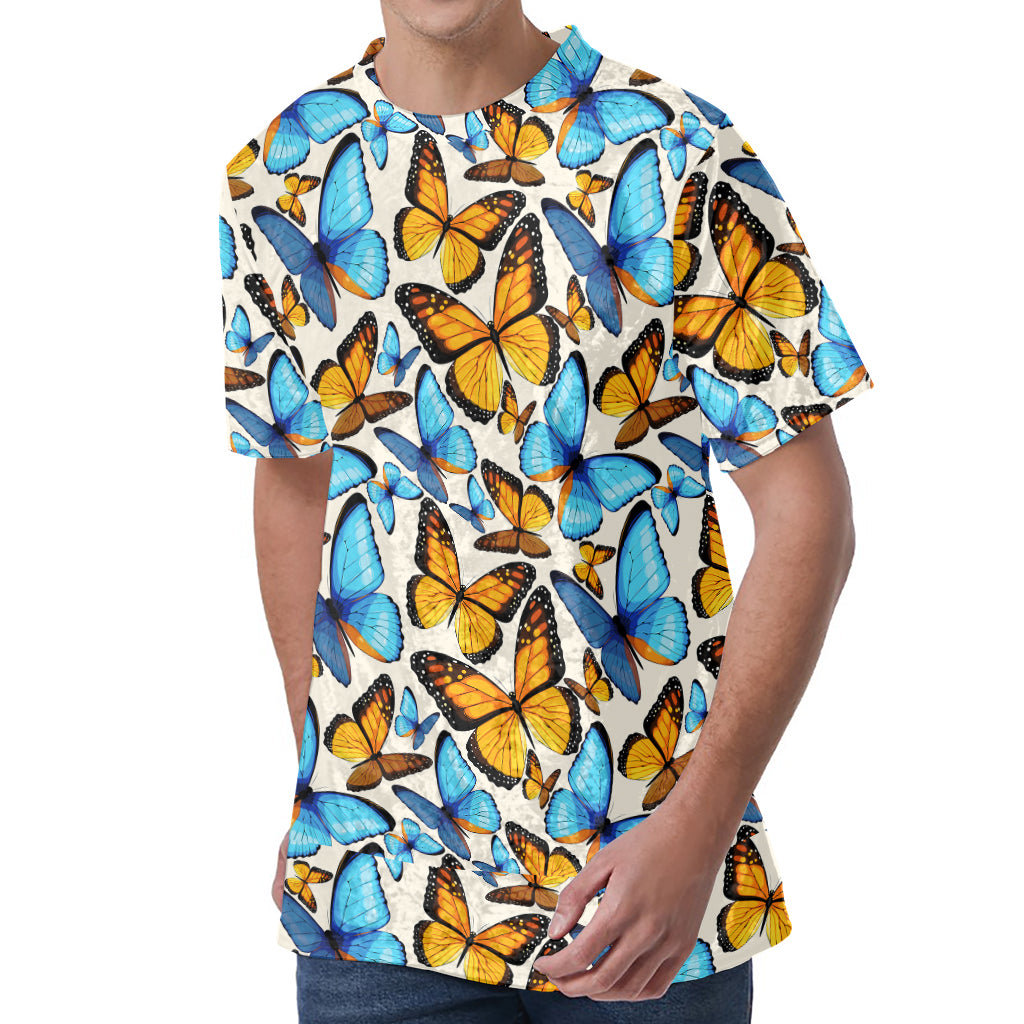 Turquoise And Orange Butterfly Print Men's Velvet T-Shirt