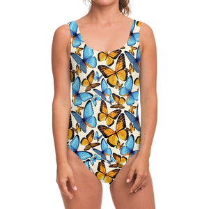 Turquoise And Orange Butterfly Print One Piece Swimsuit