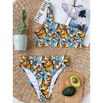 Turquoise And Orange Butterfly Print One Shoulder Bikini Top