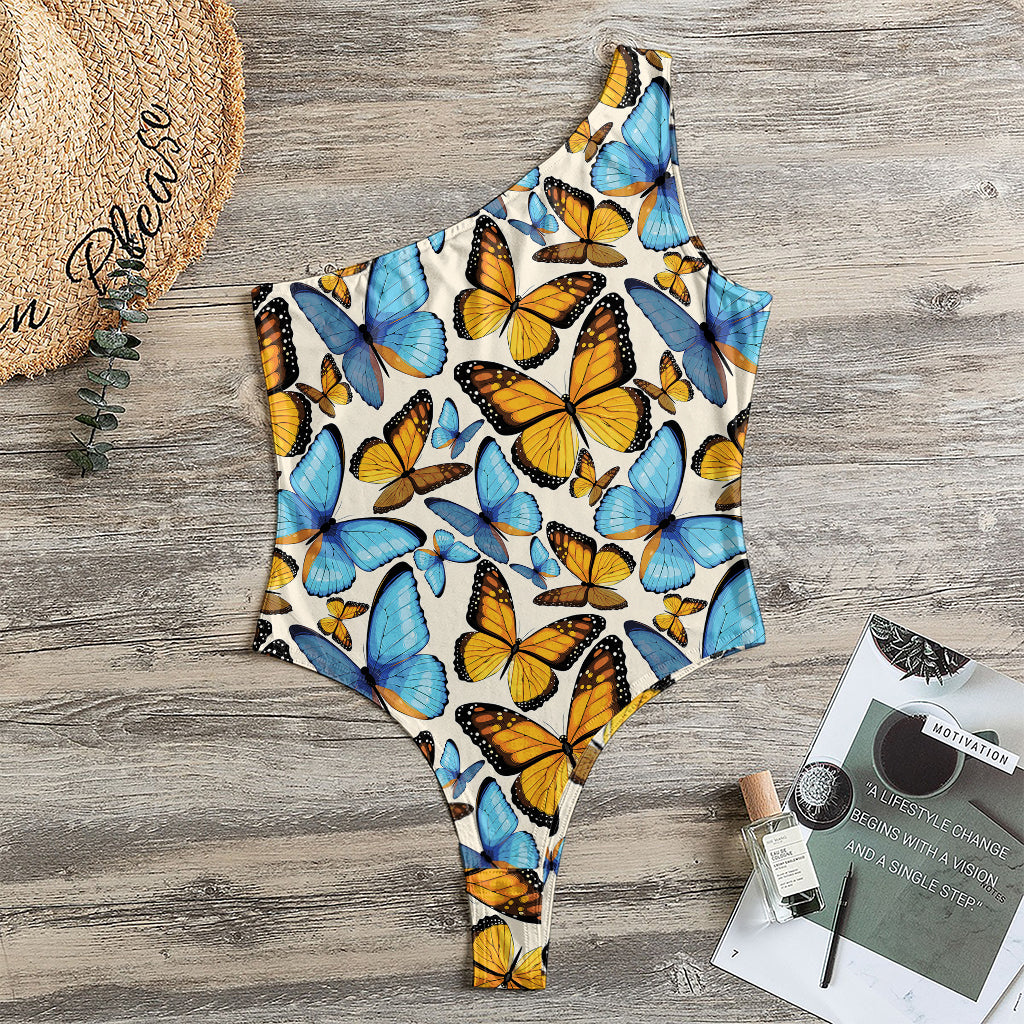 Turquoise And Orange Butterfly Print One Shoulder Bodysuit