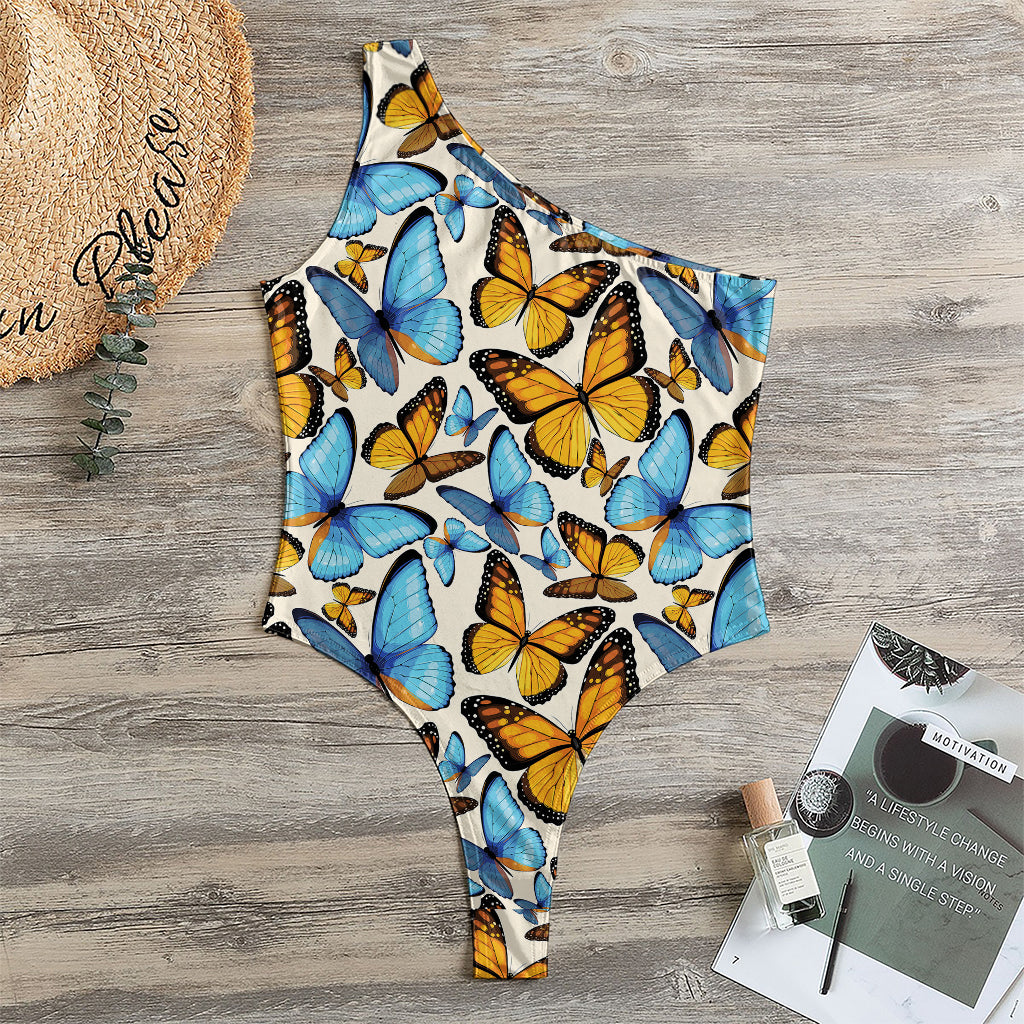 Turquoise And Orange Butterfly Print One Shoulder Bodysuit