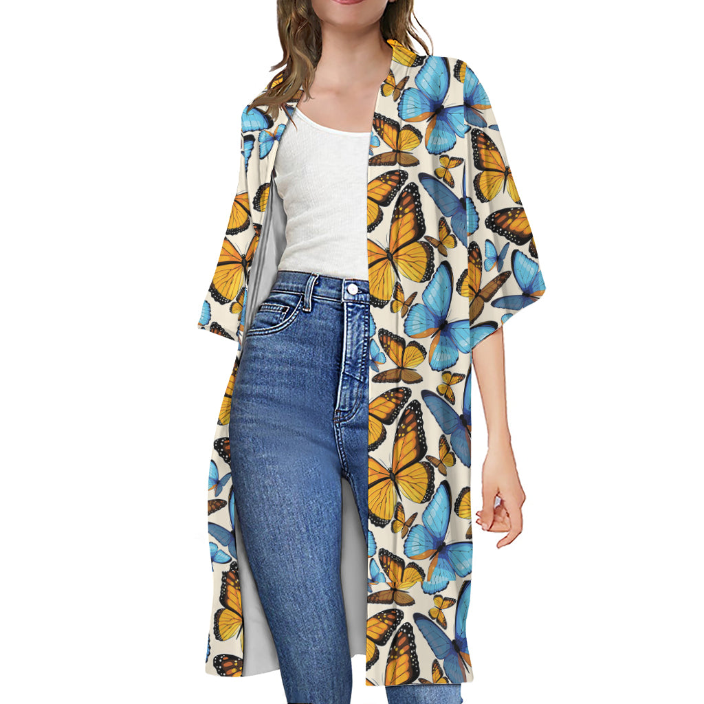 Turquoise And Orange Butterfly Print Open Front Beach Cover Up