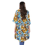 Turquoise And Orange Butterfly Print Open Front Beach Cover Up