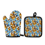 Turquoise And Orange Butterfly Print Oven Mitt And Pot Holder Set