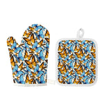 Turquoise And Orange Butterfly Print Oven Mitt And Pot Holder Set