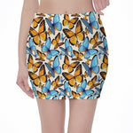 Turquoise And Orange Butterfly Print Pencil Mini Skirt