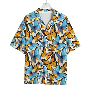 Turquoise And Orange Butterfly Print Rayon Hawaiian Shirt