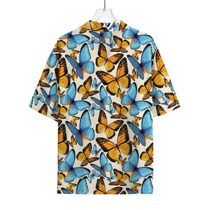 Turquoise And Orange Butterfly Print Rayon Hawaiian Shirt