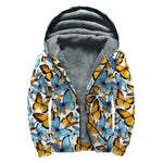 Turquoise And Orange Butterfly Print Sherpa Lined Zip Up Hoodie