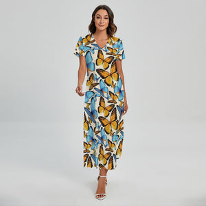 Turquoise And Orange Butterfly Print Short Sleeve Maxi Dress