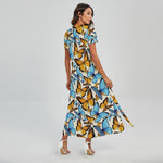 Turquoise And Orange Butterfly Print Short Sleeve Maxi Dress