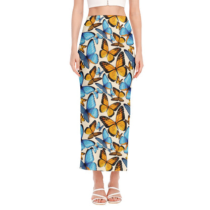 Turquoise And Orange Butterfly Print Side Slit Maxi Skirt