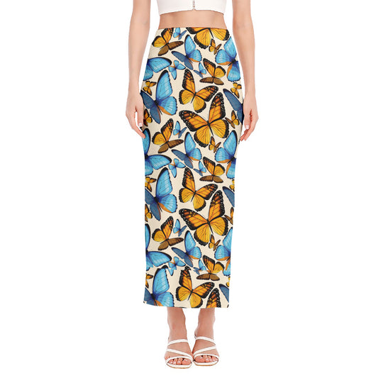 Turquoise And Orange Butterfly Print Side Slit Maxi Skirt