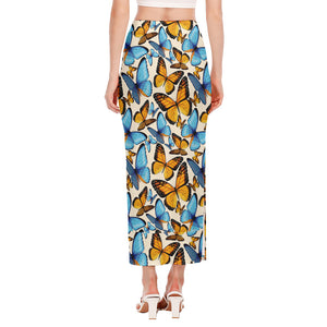 Turquoise And Orange Butterfly Print Side Slit Maxi Skirt