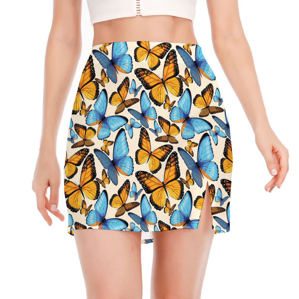 Turquoise And Orange Butterfly Print Side Slit Mini Skirt