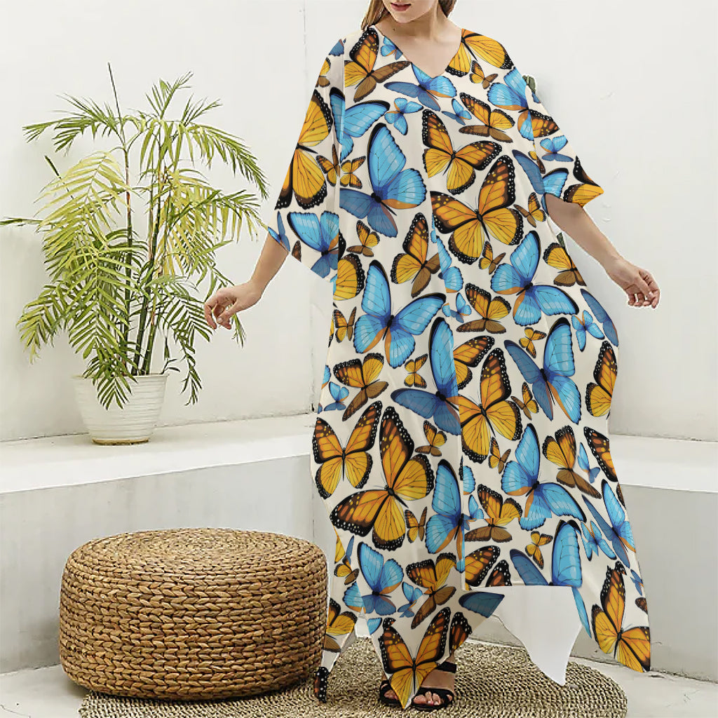 Turquoise And Orange Butterfly Print Silk V-Neck Kaftan Dress