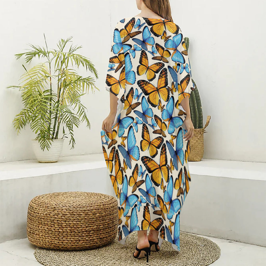 Turquoise And Orange Butterfly Print Silk V-Neck Kaftan Dress