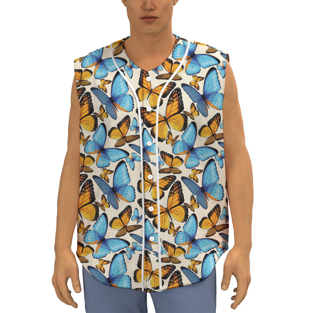 Turquoise And Orange Butterfly Print Sleeveless Baseball Jersey