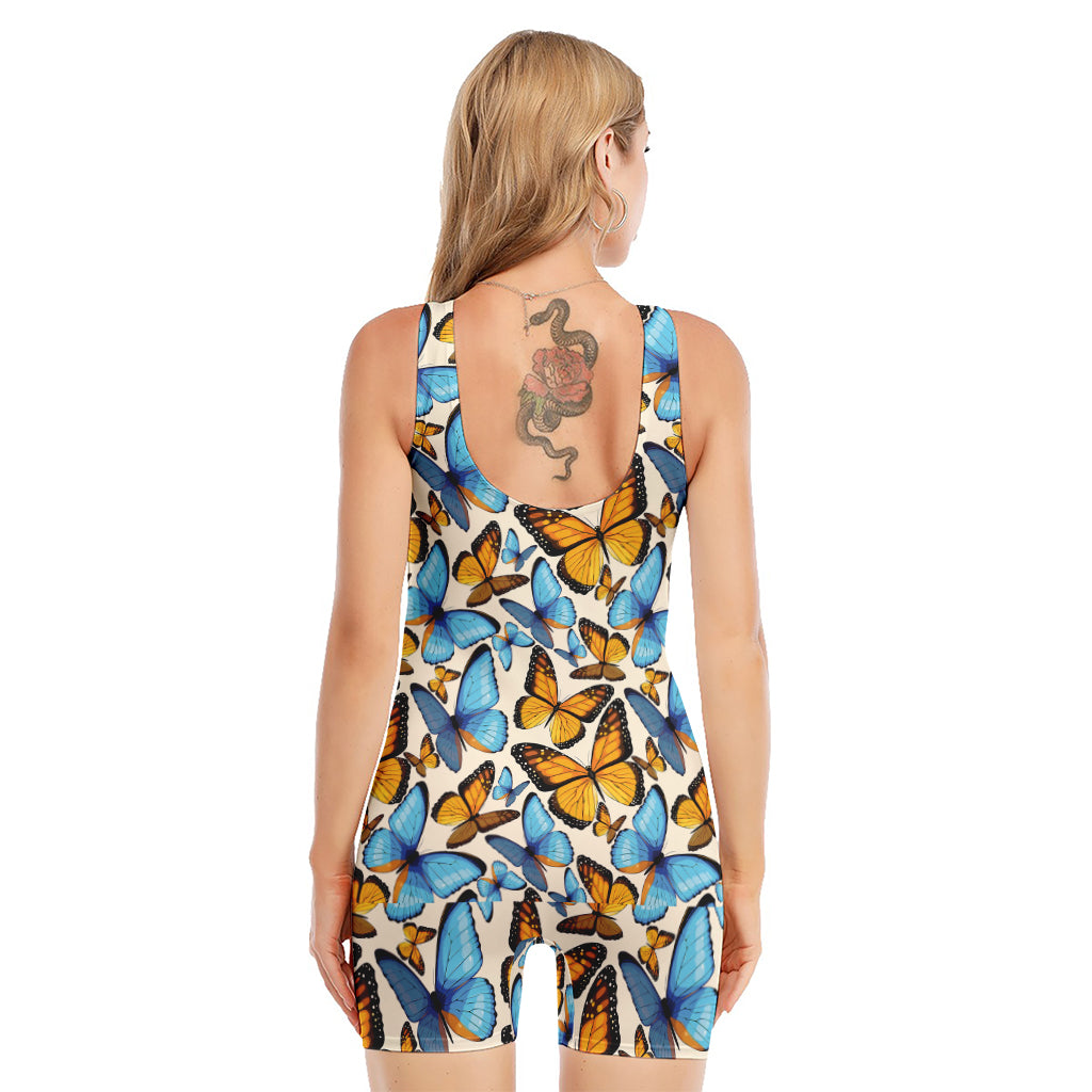 Turquoise And Orange Butterfly Print Sleeveless One Piece Swimsuit