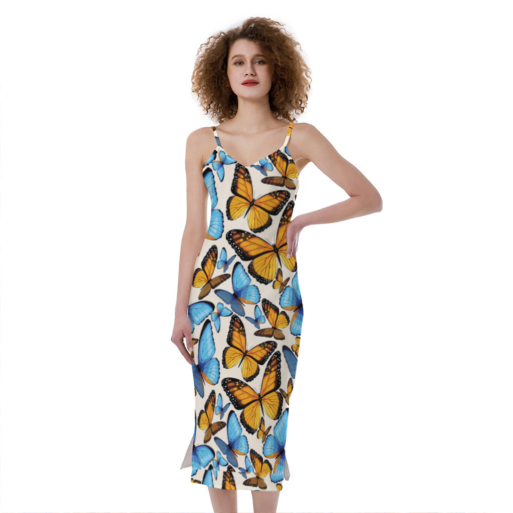 Turquoise And Orange Butterfly Print Slim Fit Midi Cami Dress