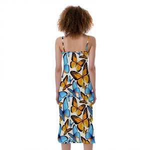 Turquoise And Orange Butterfly Print Slim Fit Midi Cami Dress