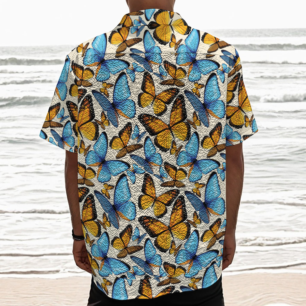 Turquoise And Orange Butterfly Print Textured Short Sleeve Shirt