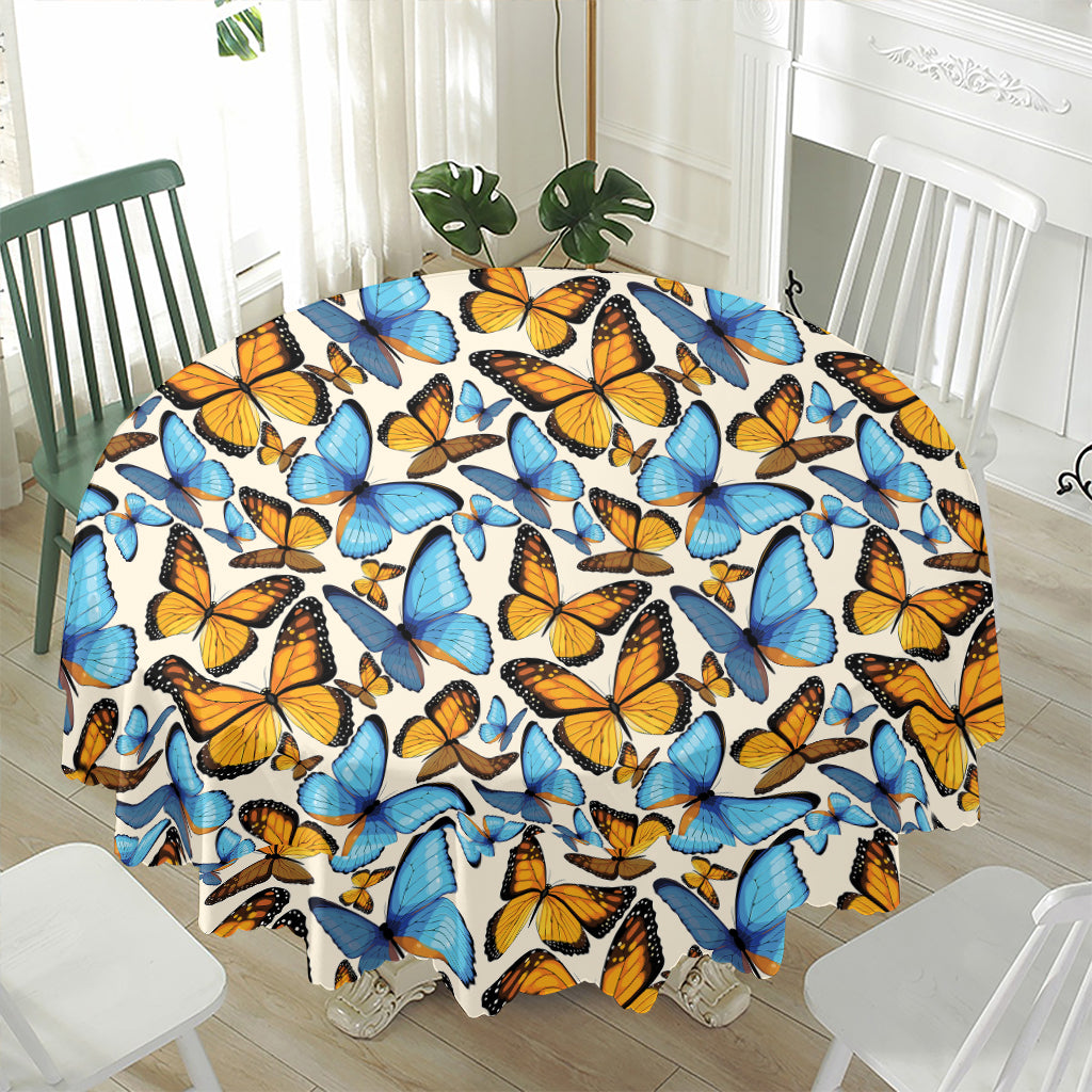 Turquoise And Orange Butterfly Print Waterproof Round Tablecloth