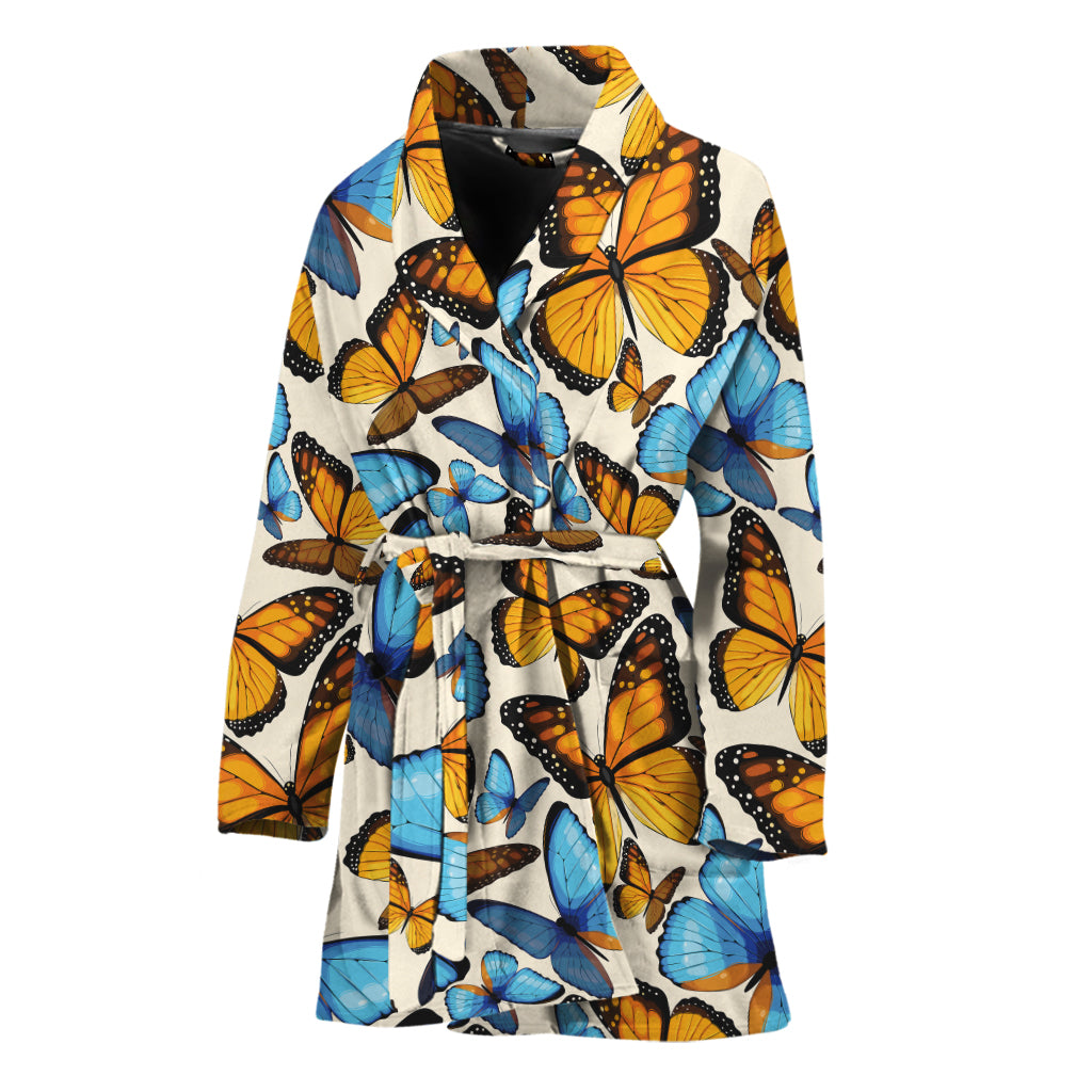 Turquoise And Orange Butterfly Print Women's Bathrobe
