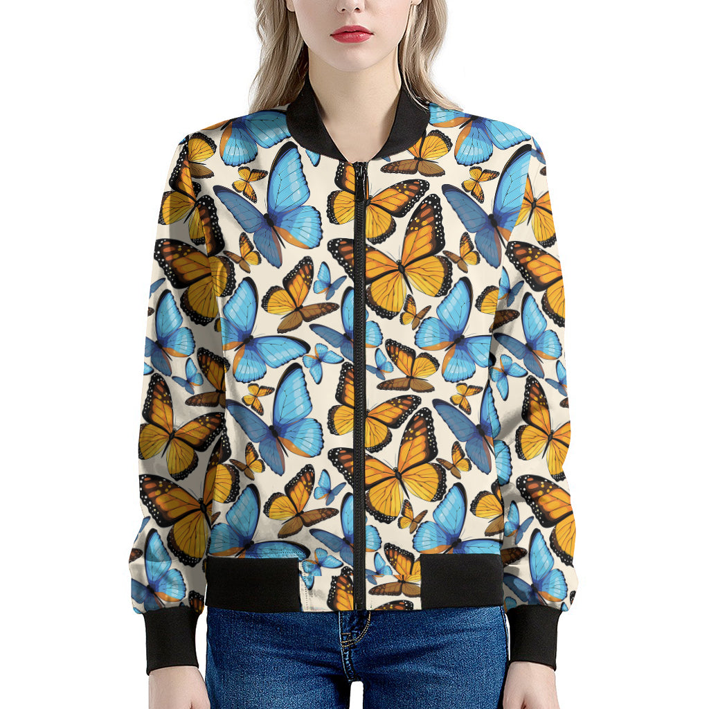 Turquoise And Orange Butterfly Print Women's Bomber Jacket