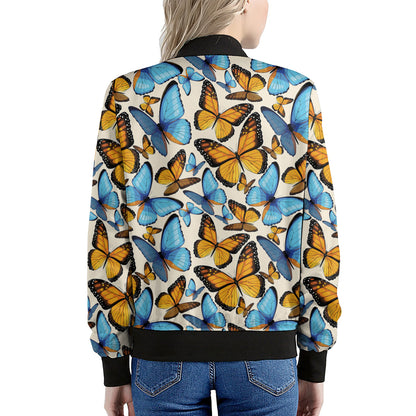 Turquoise And Orange Butterfly Print Women's Bomber Jacket