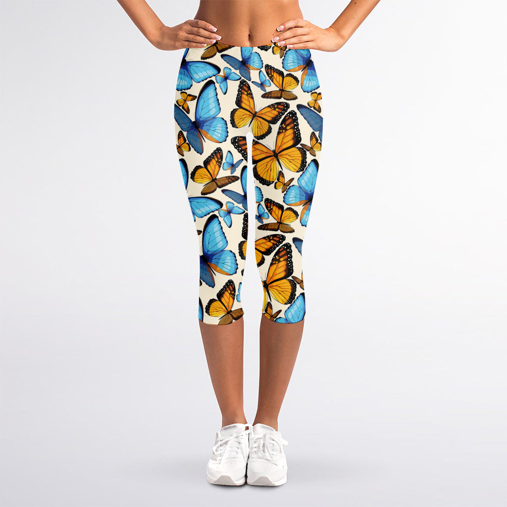 Turquoise And Orange Butterfly Print Women's Capri Leggings