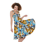 Turquoise And Orange Butterfly Print Women's Sleeveless Dress