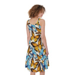 Turquoise And Orange Butterfly Print Women's Sleeveless Dress