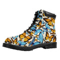 Turquoise And Orange Butterfly Print Padded Collar Lace Up Boots