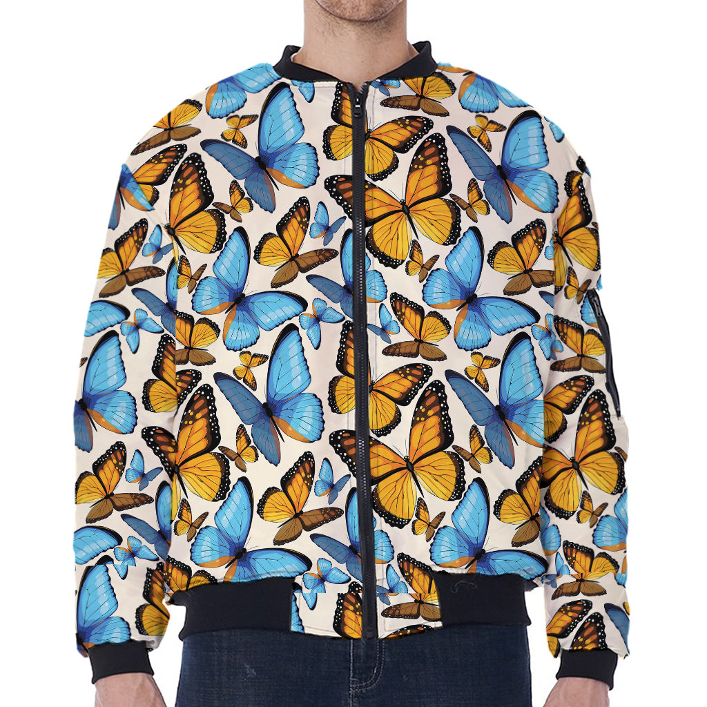 Turquoise And Orange Butterfly Print Zip Sleeve Bomber Jacket