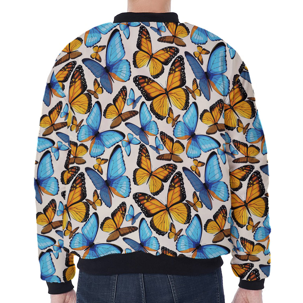 Turquoise And Orange Butterfly Print Zip Sleeve Bomber Jacket