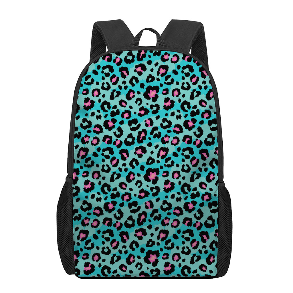 Turquoise And Pink Leopard Print 17 Inch Backpack