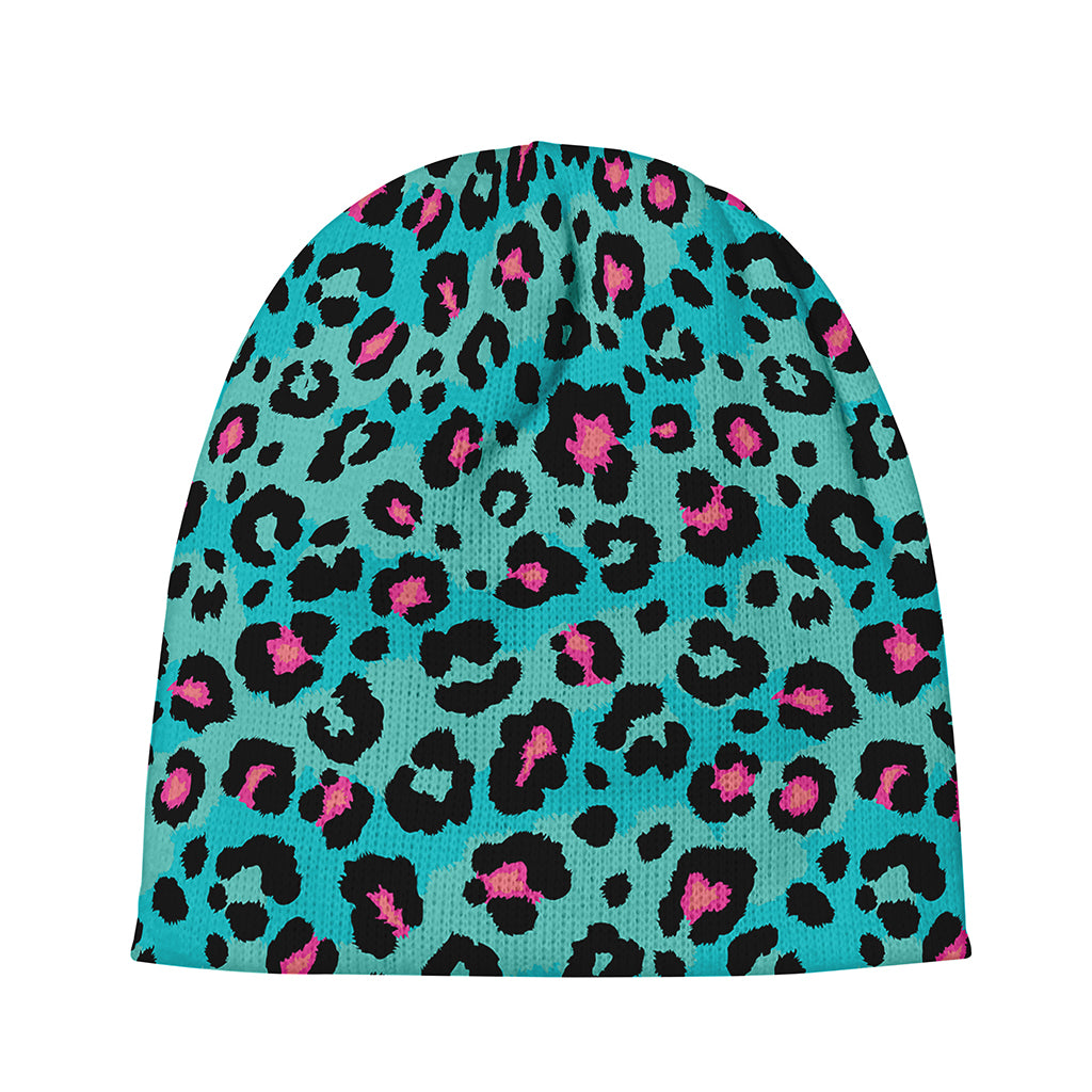 Turquoise And Pink Leopard Print Beanie
