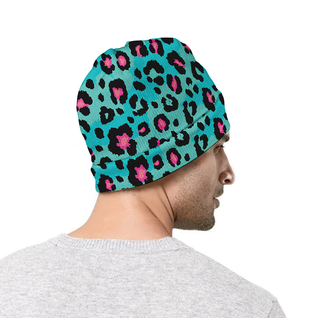 Turquoise And Pink Leopard Print Beanie
