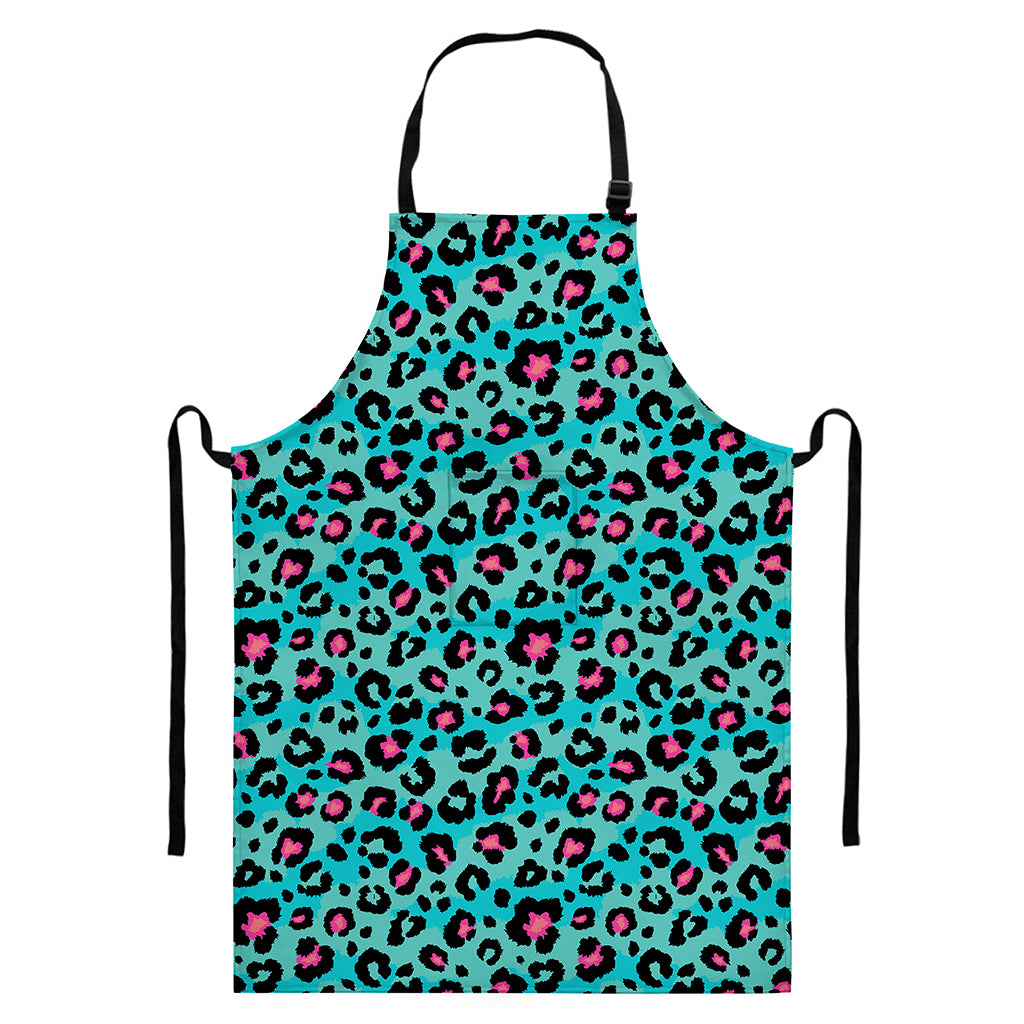 Turquoise And Pink Leopard Print Bib Apron With Pocket