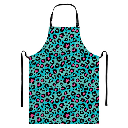 Turquoise And Pink Leopard Print Bib Apron With Pocket