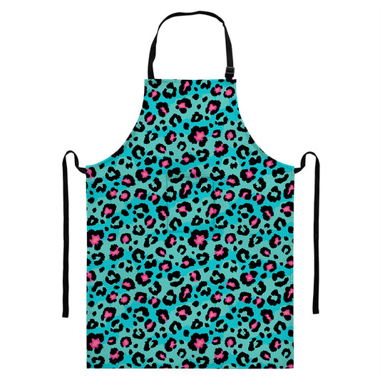 Turquoise And Pink Leopard Print Bib Apron With Pocket
