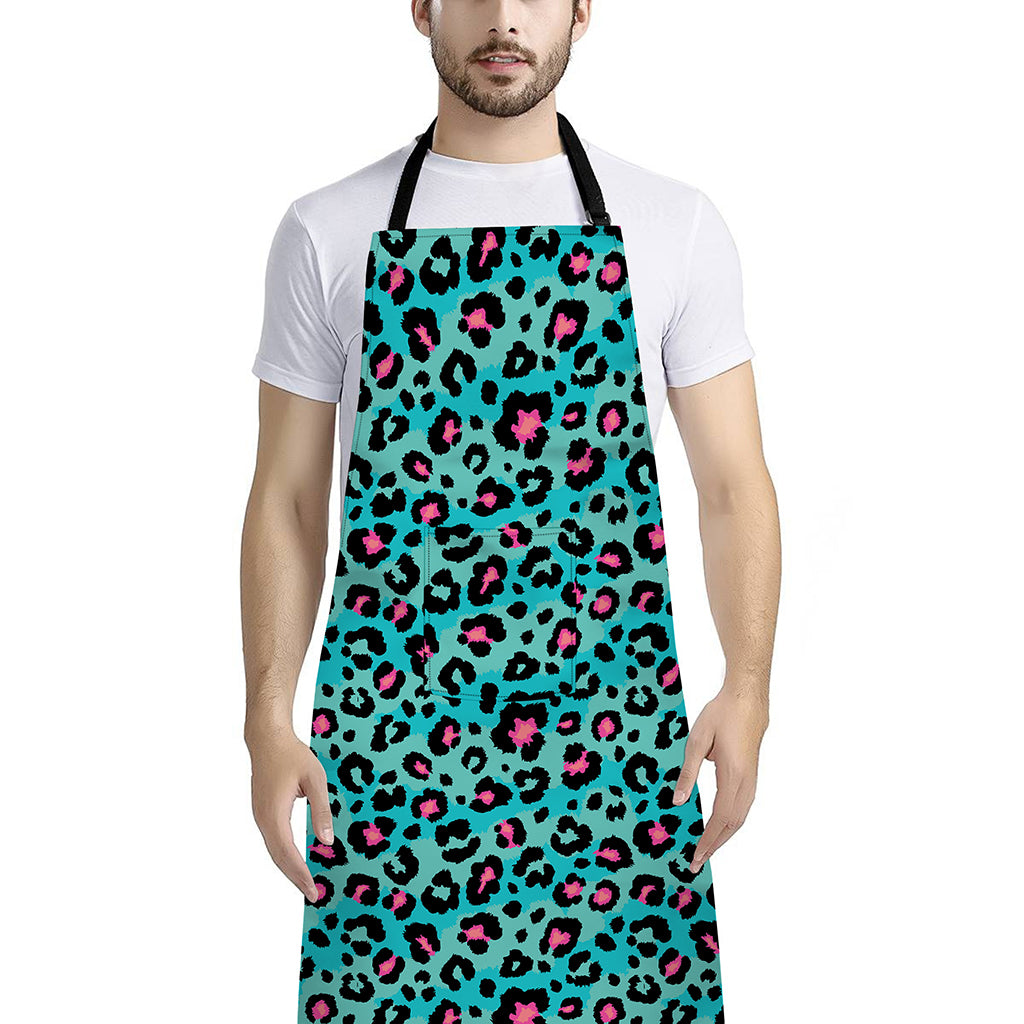 Turquoise And Pink Leopard Print Bib Apron With Pocket