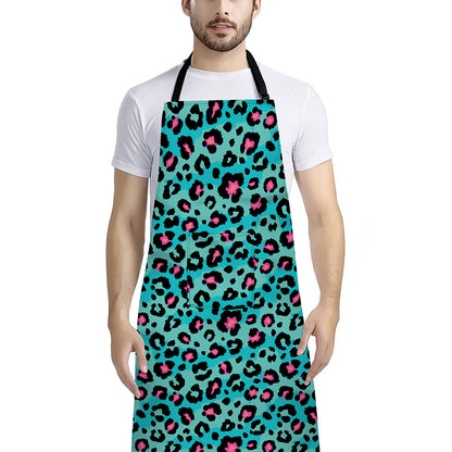 Turquoise And Pink Leopard Print Bib Apron With Pocket