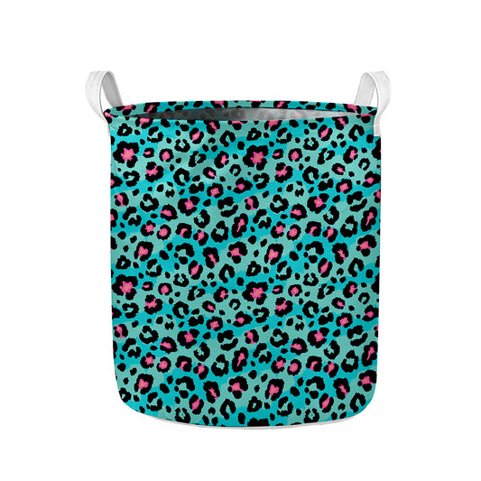 Turquoise And Pink Leopard Print Collapsible Laundry Basket